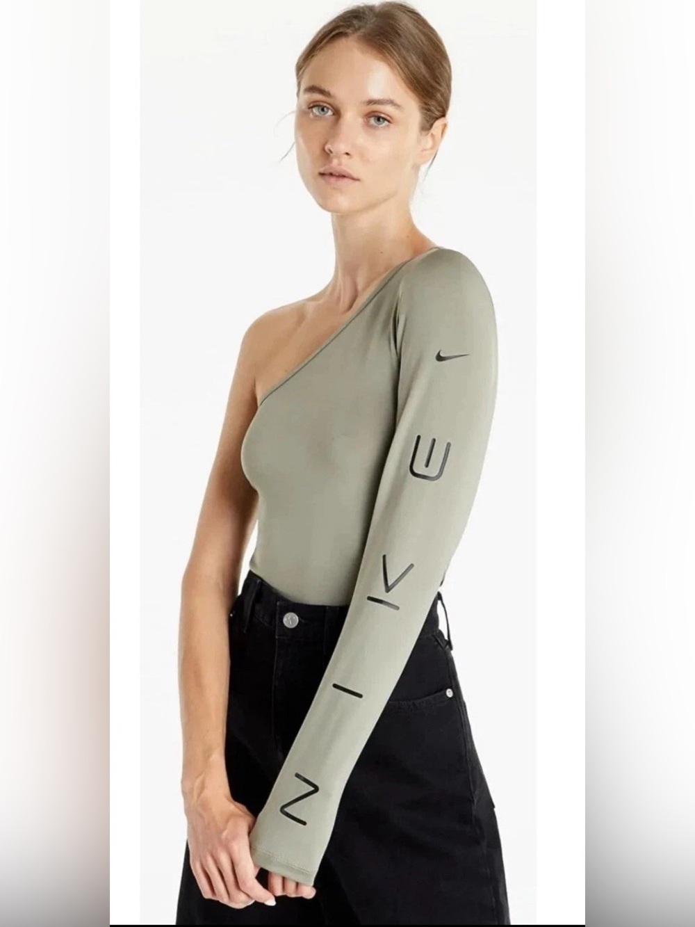 Nike Womens Sportswear Asymmetrical Long Sleeve Top Green CZ8188-320 Size Small